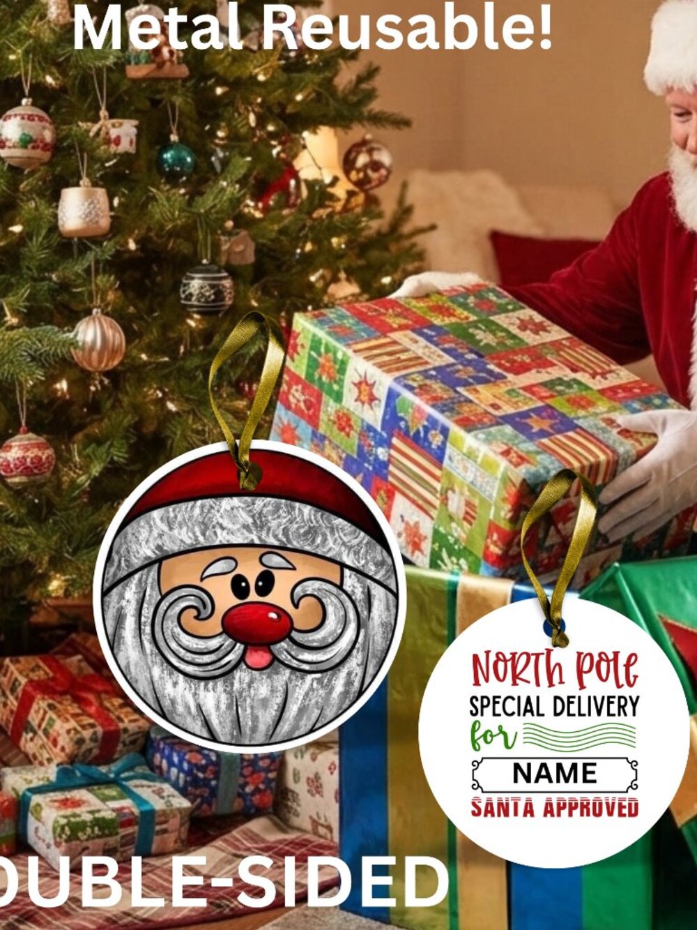 Santa Reusable Metal Christmas Tag Personalized.